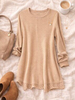 Charlie Paige Knit Sweater Tunic Beige Textured Long Sleeve Size S/M